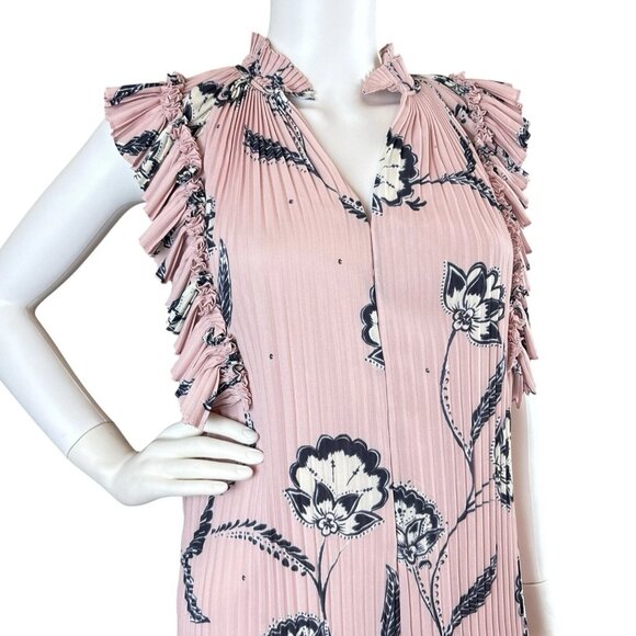 Whistles Pleated Floral Ruffle Wide Leg Cocktail Jumpsuit Pink Blue Size US 4 - Picture 3 of 10